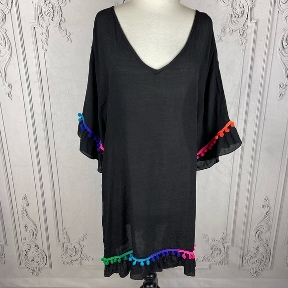 Festive Pom Pom  Loose Fit Short Ruffle Sleeves V-Neck Dress Swimsuit Coverup - Picture 2 of 5